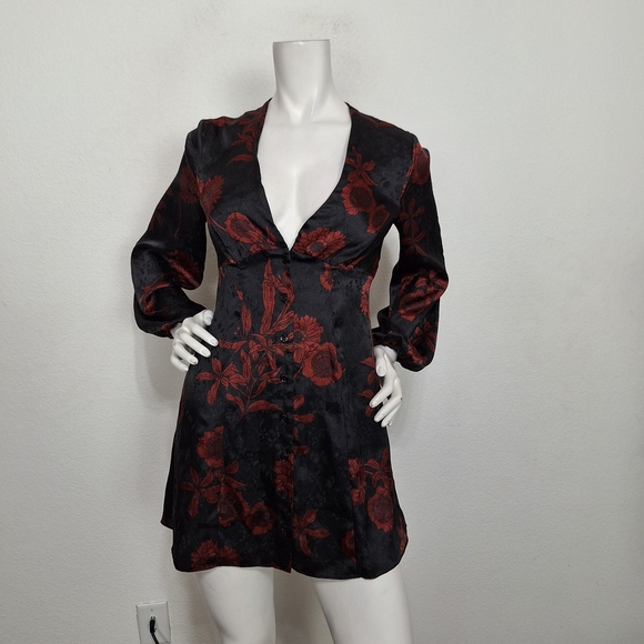 Zara "NEW" Black Red Floral Button Front Witchy Whimisigoth Mini Dress Size XS - Picture 2 of 15